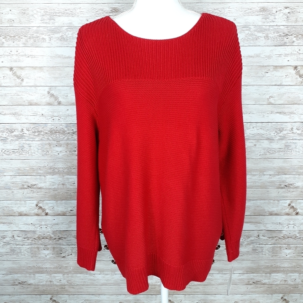 Charter Club Sweater L Red Gold Buttons 131